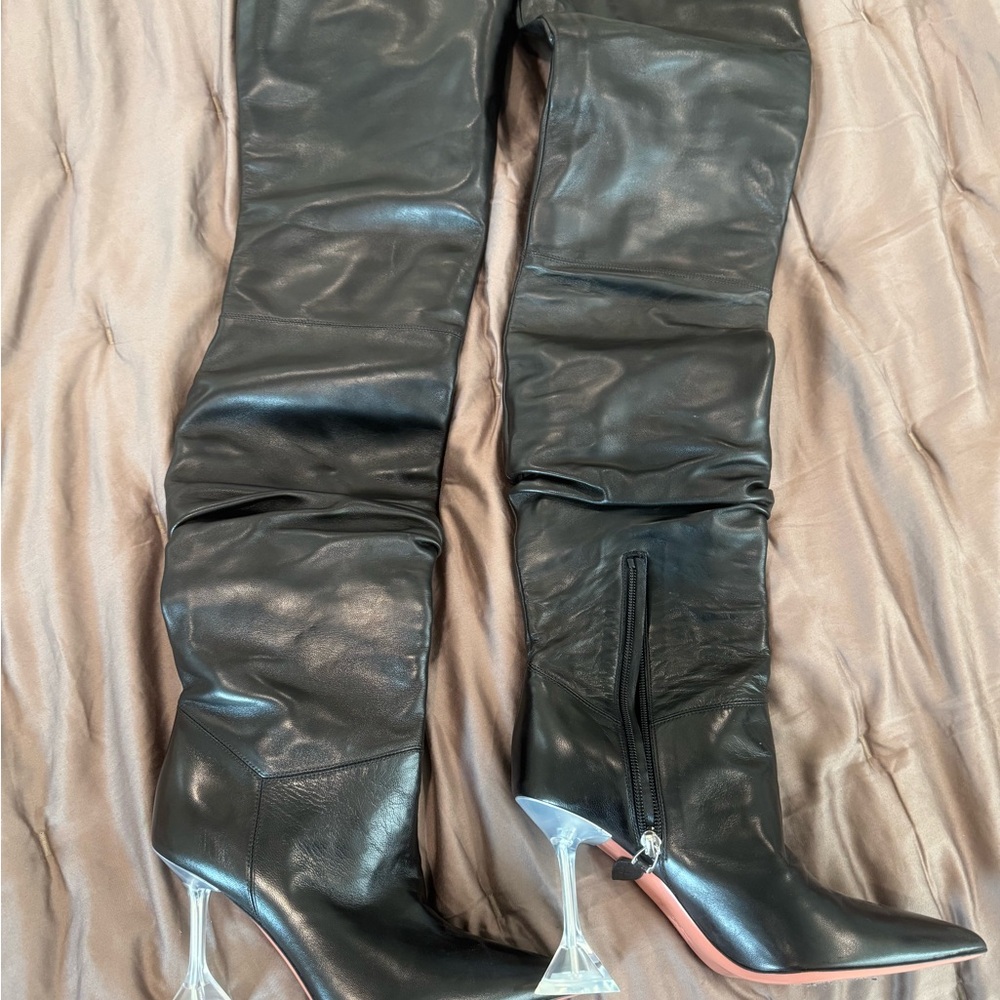 Amina Muaddi Black Leather Knee-High Boots